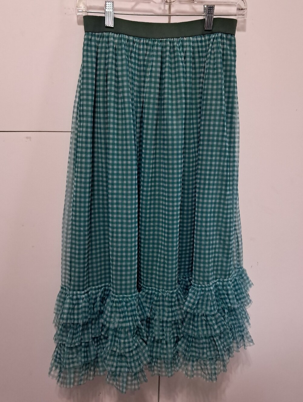 Mare by Anthropologie Green Checkered Print Flutter Skirt Size Small